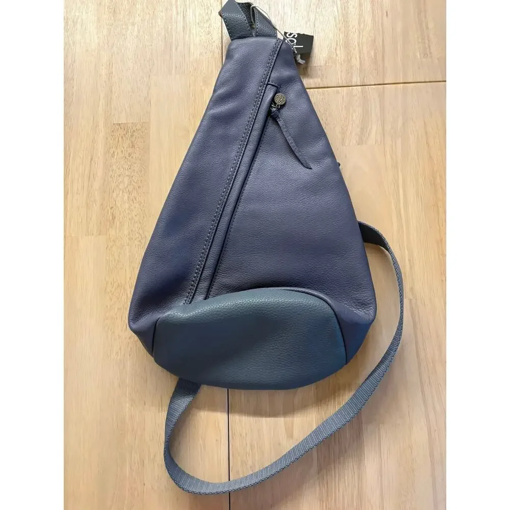 Periwinkle Blue Leather Sling Backpack Crossbody Pebbled Boho Coastal Sak